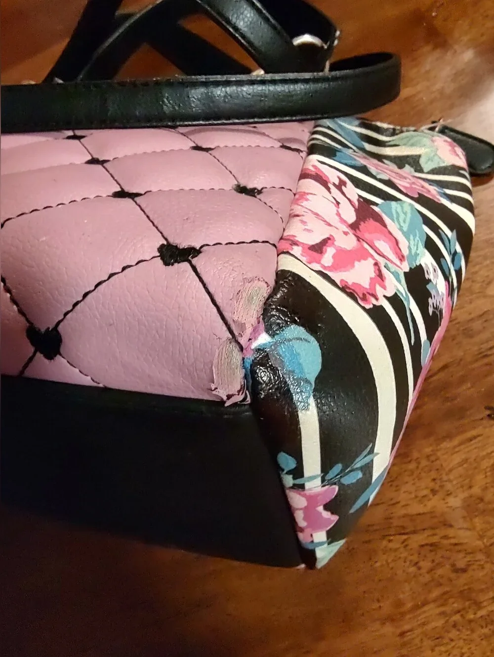 Betsey Johnson Pink Quilted Satchel with Floral & Stripes